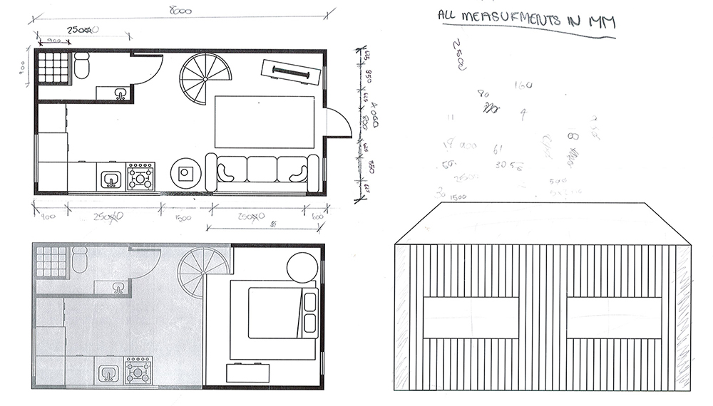 Black-and-white floor plans of a small house with labeled measurements, showing kitchen, bathroom, bedroom, and spiral staircase; beside an exterior front elevation with two windows and handwritten notes.