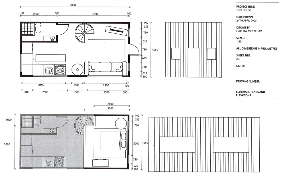 Black and white architectural floor plans and elevations for a tiny house, showing two interior layouts with labeled kitchen, bathroom, seating, spiral stairs, and two exterior roof views with window placements and dimensions.