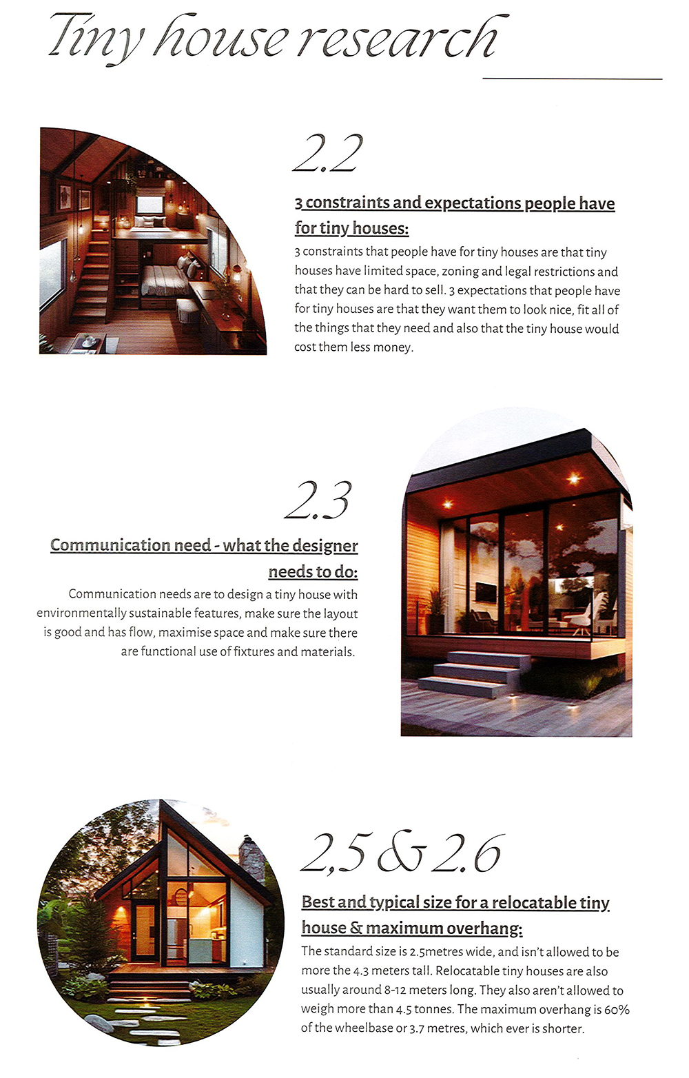 A research summary page on tiny houses with sections 2.2, 2.3, 2.5 & 2.6, including images of modern tiny houses and text about constraints, communication needs, and best sizes for relocatable houses.