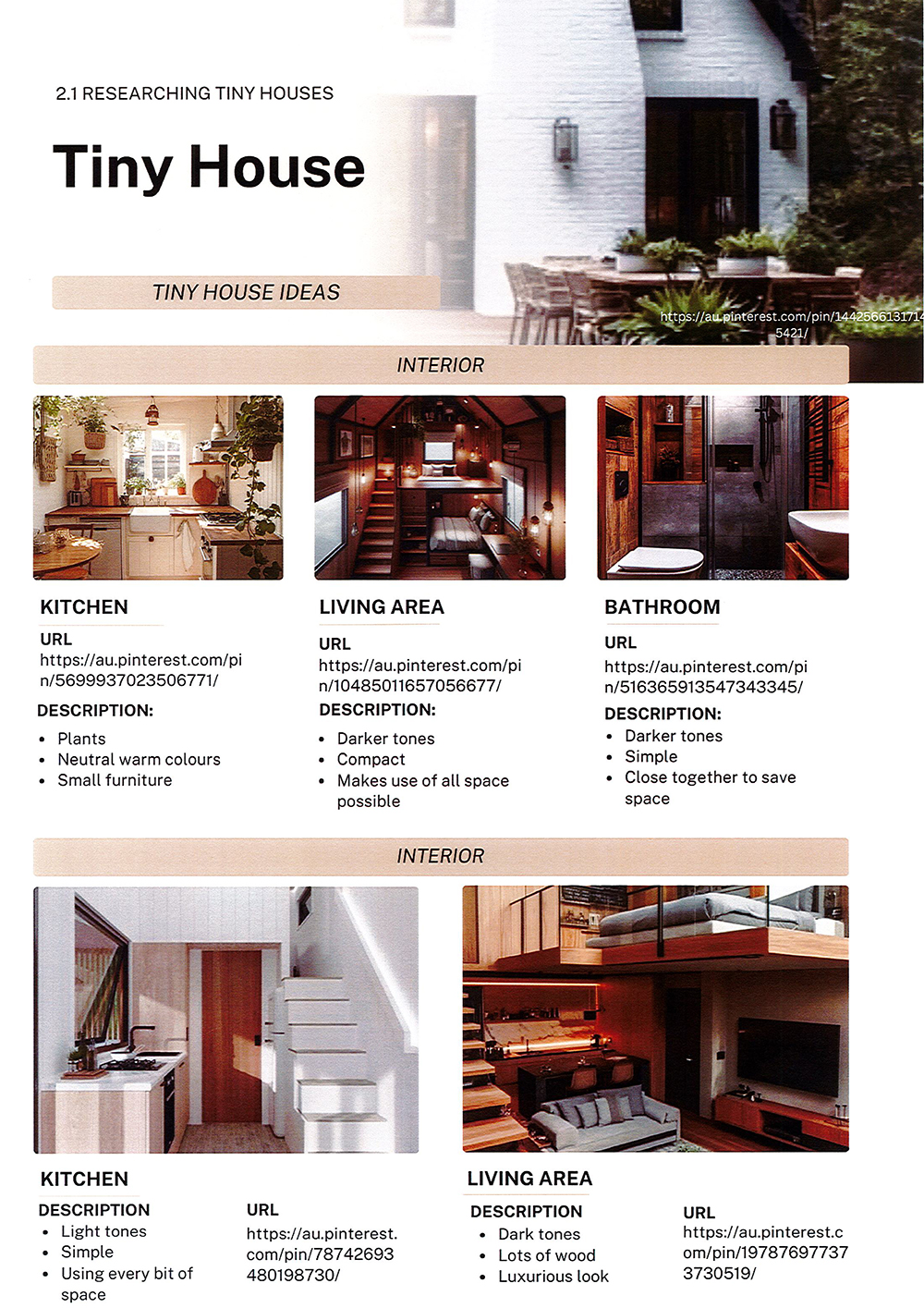 A collage titled Tiny House Ideas shows photos of compact kitchen, living, and bathroom interiors, each with URLs and brief descriptions highlighting efficient use of small spaces, modern design, and space-saving solutions.