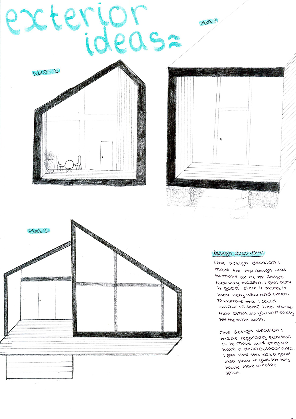 Hand-drawn sketches of unique modern house exteriors with angular roofs and large glass walls, labeled “exterior ideas.” Notes and design decisions are written on the right side of the page.