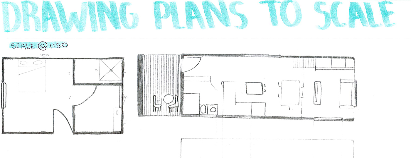 Hand-drawn floor plans of rooms with the title Drawing Plans to Scale written in blue letters at the top. The scale is noted as 1:50 on the left. The plans show room layouts and basic furnishings.