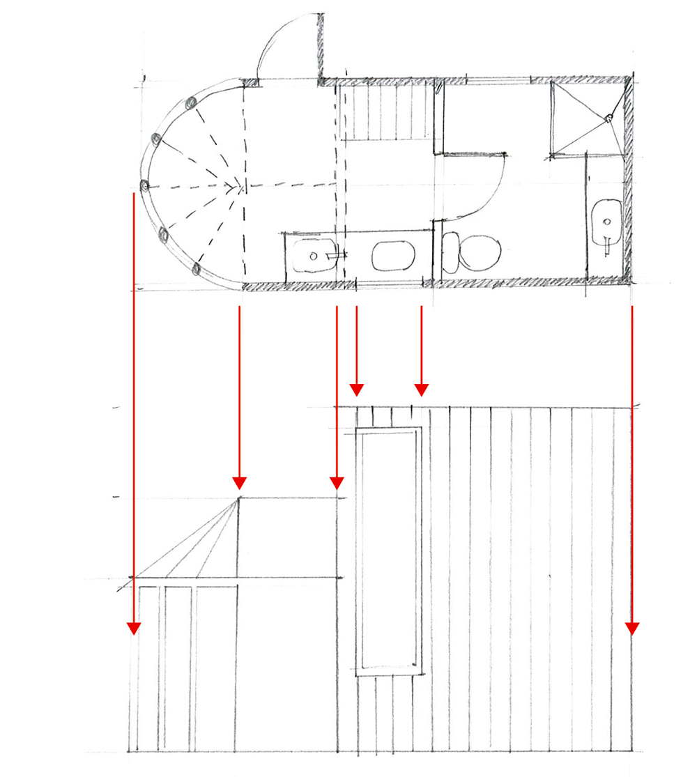 Hand-drawn architectural sketch showing a small buildings floor plan (top) and exterior elevation (bottom), with red arrows indicating corresponding sections between the two views.