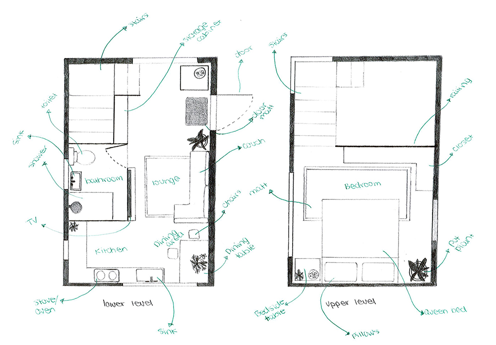 Hand-drawn two-level floor plan labeled with rooms and furniture. Lower level: kitchen, bathroom, lounge, table, and chair. Upper level: bedroom with bed, pillows, bedside table, closet, and stairs.