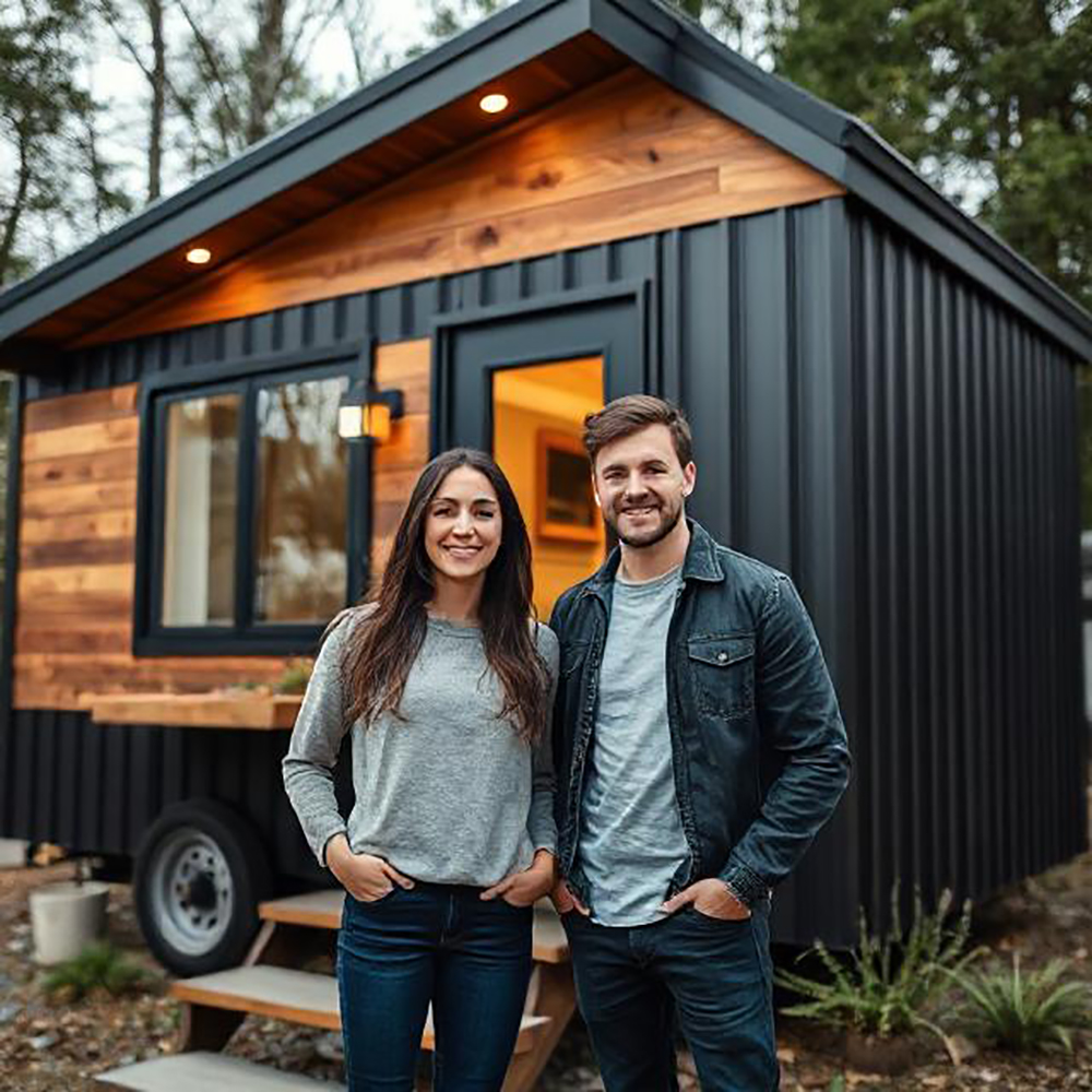 A smiling man and woman stand in front of a modern tiny house with wood and black metal siding, surrounded by trees. The tiny house has a lit porch and steps leading to the door.