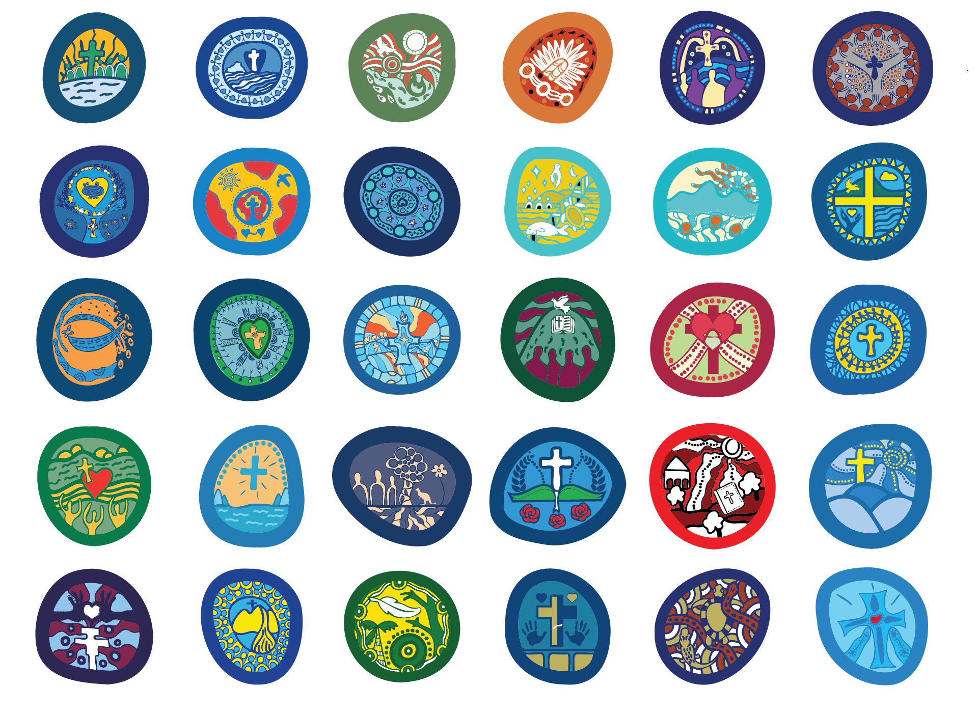 A grid of 35 colorful circular icons, each with a unique Christian or religious-themed illustration, including crosses, doves, hearts, fish, and abstract spiritual designs on various colored backgrounds.