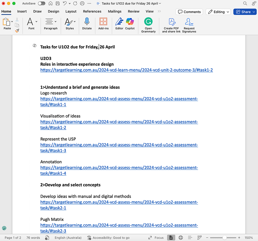 Screenshot of a Word document titled Tasks for U102 due for Friday, 26 April, listing roles and linked tasks in interactive experience design, including logo, visualisation, USP, annotation, and concept development assignments.