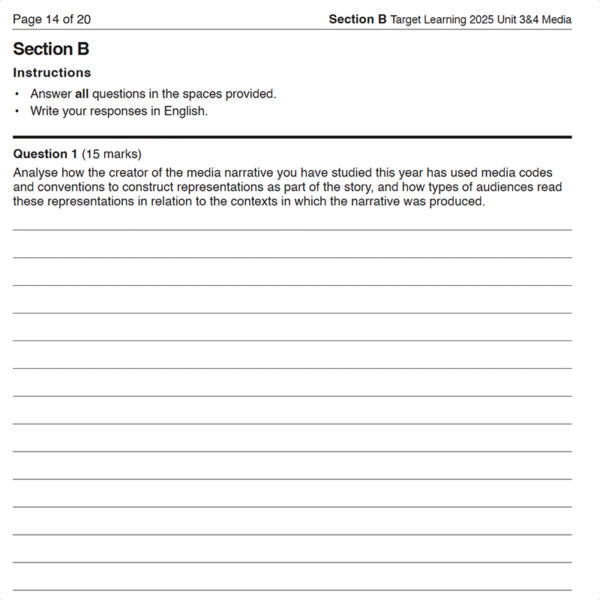 A worksheet titled Section B with instructions to answer in English. Question 1 asks about how media creators use conventions to construct representations and how audiences interpret them. Below is a large blank space for writing.