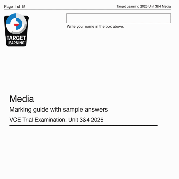 A document cover page titled Media Marking guide with sample answers for the VCE Trial Examination: Unit 3&4 2025 by Target Learning. There is a Target Learning logo and a box to write a name at the top.