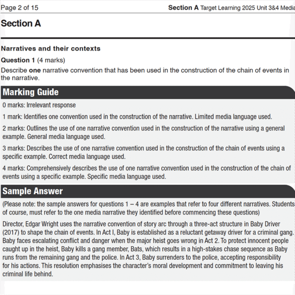 Screenshot of an English exam paper with a marking guide outlining criteria for a narrative conventions question, and a sample answer analyzing the use of convention in the film Baby Driver.