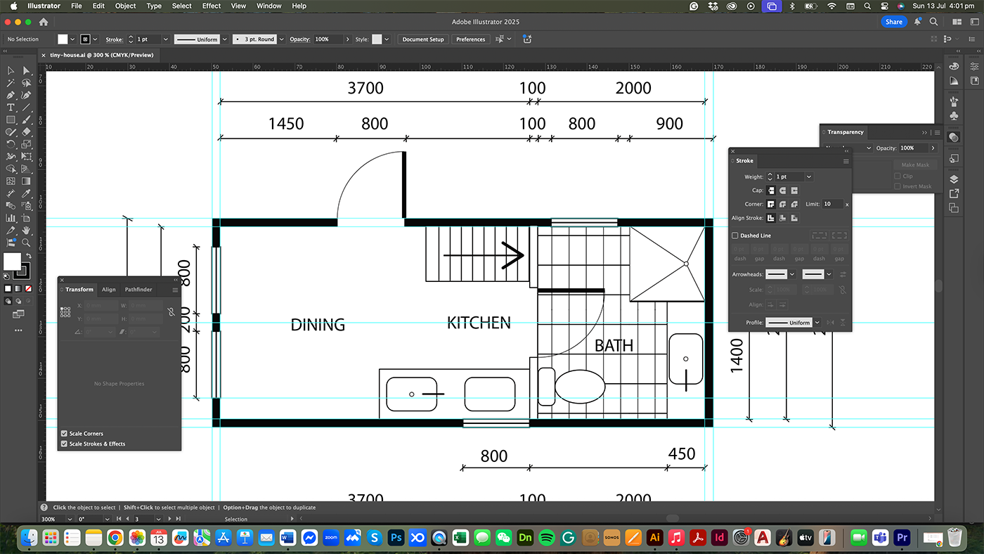 Screenshot of Adobe Illustrator showing a floor plan design with labeled areas: DINING, KITCHEN, and BATH. Measurement lines, guides, and editing panels are visible on the interface.
