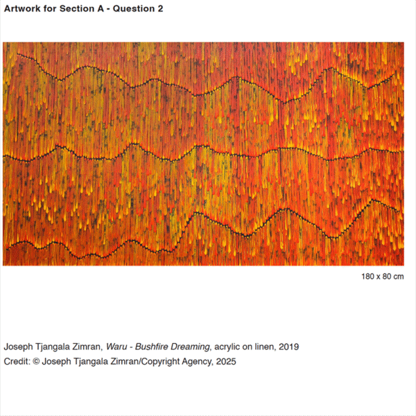 Abstract painting with vertical red, orange, and yellow strokes creates a fiery effect. Black dotted wavy lines cross the 180 x 80 cm canvas—an inspiring piece for the 2025 Art Creative Practice Unit 2 Examination.