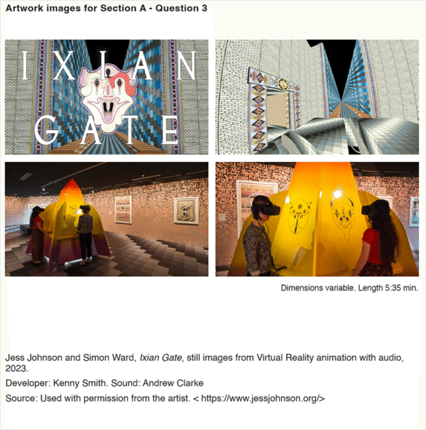Four images of Ixian Gate by Jess Johnson and Simon Ward: an inspiring example for the 2025 Art Creative Practice Unit 2 Examination, featuring geometric virtual worlds and two people exploring colorful, translucent gallery structures.