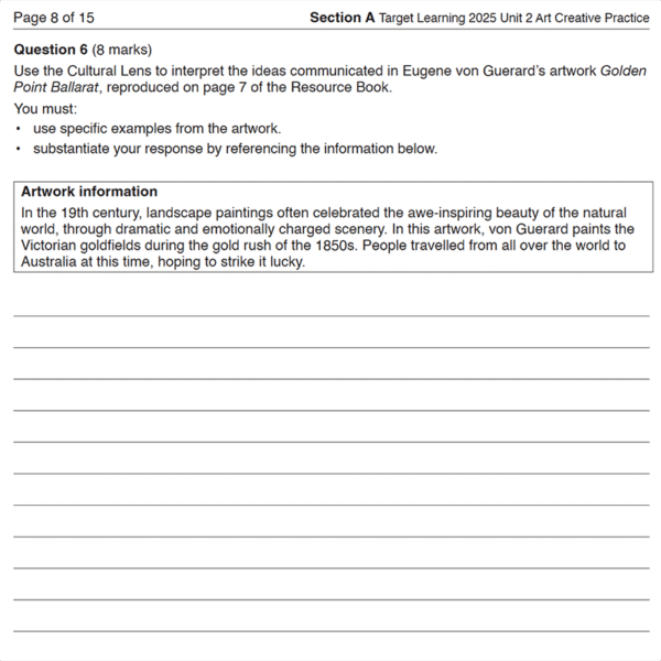 A 2025 Art Creative Practice Unit 2 Examination worksheet featuring a question on interpreting Eugene von Guerard’s Golden Point Ballarat, plus a text box outlining 19th-century landscape painting and von Guerard’s artistic focus.