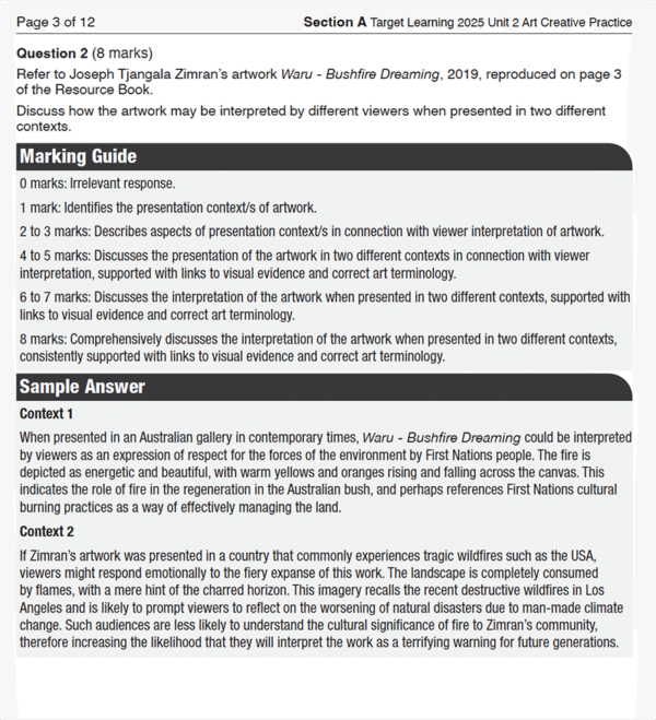 Screenshot of a Unit 2 Examination Art Creative Practice VCE page featuring a question about Waruu – Bushfire Dreaming by Joseph Tjangala Zimran, with the 2025 mark scheme and a sample answer analyzing the artwork in two contexts.