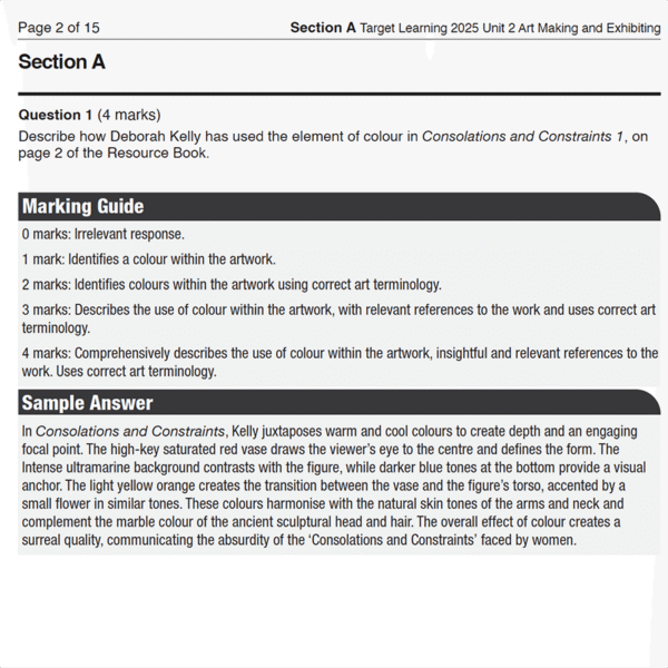 Screenshot of a 2025 Art Making & Exhibiting Unit 2 Examination showing a color analysis question, a 0–4 mark scale guide, and a sample answer discussing Deborah Kelly’s use of color in Consolations and Constraints 1.