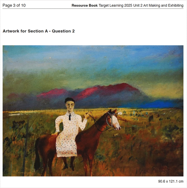An artwork for the 2025 Art Making & Exhibiting Unit 2 Examination shows a woman in a white dress with red dots, sitting sidesaddle on a brown horse in a field before mountains and a vibrant sky, evoking calm with earthy painterly tones.