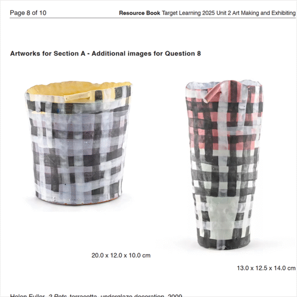 Two cylindrical, plaid vessels in pastel colors are displayed on white. The left has yellow, pink, and gray; the taller right features white, gray, and pink—showcasing techniques for the 2025 Art Making & Exhibiting Unit 2 Examination.