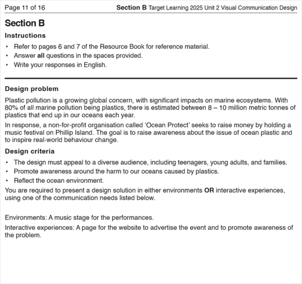 The 2025 VCD Unit 2 Examination worksheet offers instructions and a design task focused on plastic pollution, with criteria for communicating about an ocean-themed music event.
