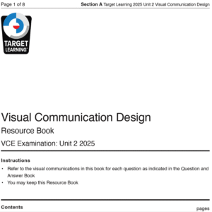 Cover page of the 2025 VCD Unit 2 Examination (Copy) resource book, with the Target Learning logo and exam instructions on a white background featuring bold black text.