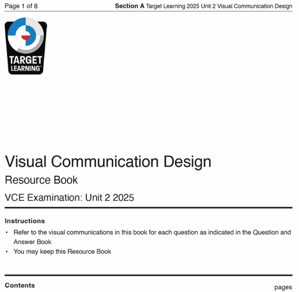 Cover page of the 2025 VCD Unit 2 Examination (Copy) resource book, with the Target Learning logo and exam instructions on a white background featuring bold black text.