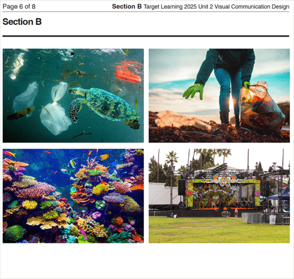 A collage of four images—turtle near plastic, person picking trash, vibrant coral reef, empty event stage—ideal visuals for the 2025 VCD Unit 1 Examination (Copy).