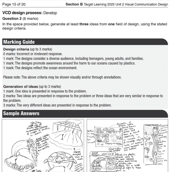 A black-and-white worksheet for the 2025 VCD Unit 2 Examination features a marking guide and sample hand-drawn sketches presenting ocean awareness design ideas for various audiences.