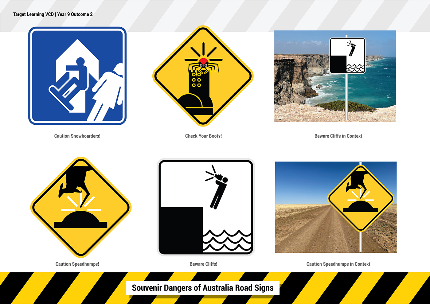 A collage of six humorous Australian road signs, including warnings for snowboarders, checking boots, cliffs, speedbumps, and speedhumps, with illustrated yellow or white signs and landscapes in the background.