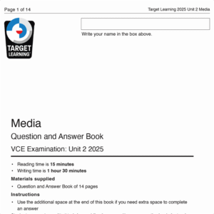 The cover page of the 2025 Media Unit 3 & 4 Trial Examination (Copy) from Target Learning outlines instructions, reading and writing times, and materials supplied.