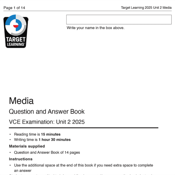 The cover page of the 2025 Media Unit 3 & 4 Trial Examination (Copy) from Target Learning outlines instructions, reading and writing times, and materials supplied.