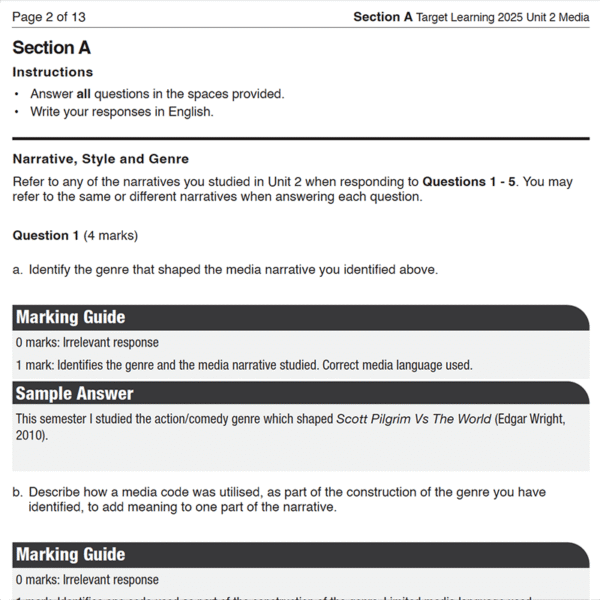 A page from the 2025 Media Unit 3 & 4 Trial Examination (Copy) features Section A: Target Learning Unit 2, with instructions, two narrative genre questions, a sample Scott Pilgrim Vs The World answer, and a marking guide.