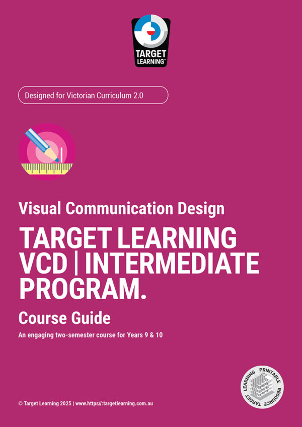 Cover of the Target Learning VCD | Intermediate Program Supplementary Materials, created for Victorian Curriculum Years 9 & 10, with a purple background and education-themed icons.