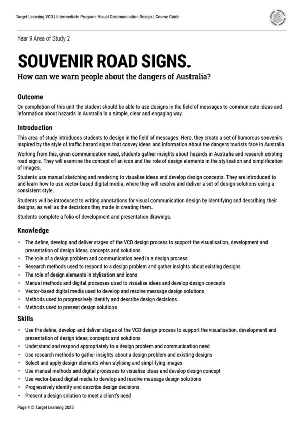 A page from Target Learning VCD | Intermediate Program Supplementary Materials, titled Souvenir Road Signs, covers design to warn about Australia's dangers with outcome, intro, skills, and activity sections. Black text on a white background.