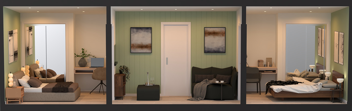 Three neatly arranged modern bedroom setups are shown side by side. Each room features a bed, desk, chair, and wall art, with soft lighting and minimal, stylish decor in neutral and green tones.