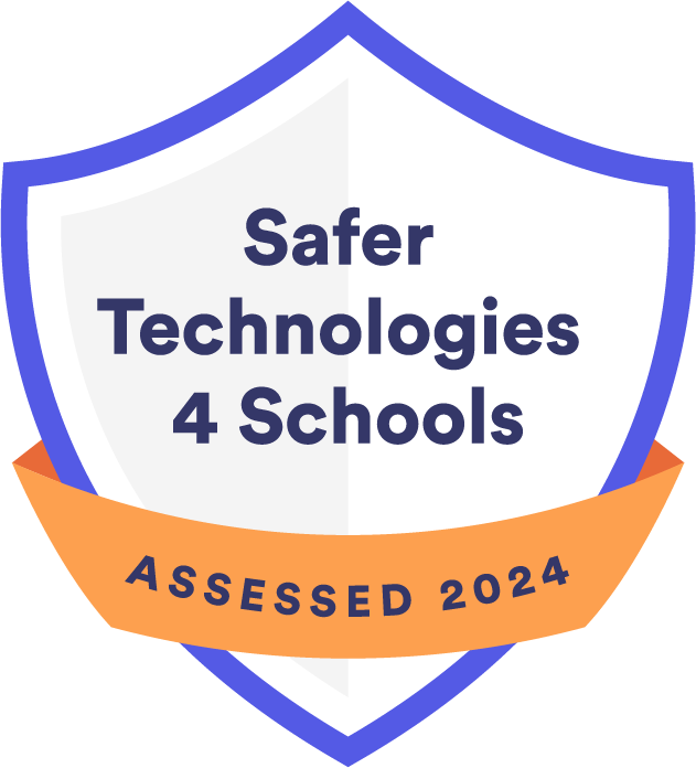 A blue and white shield-shaped badge with the text Safer Technologies 4 Schools and an orange ribbon at the bottom that reads Assessed 2024.