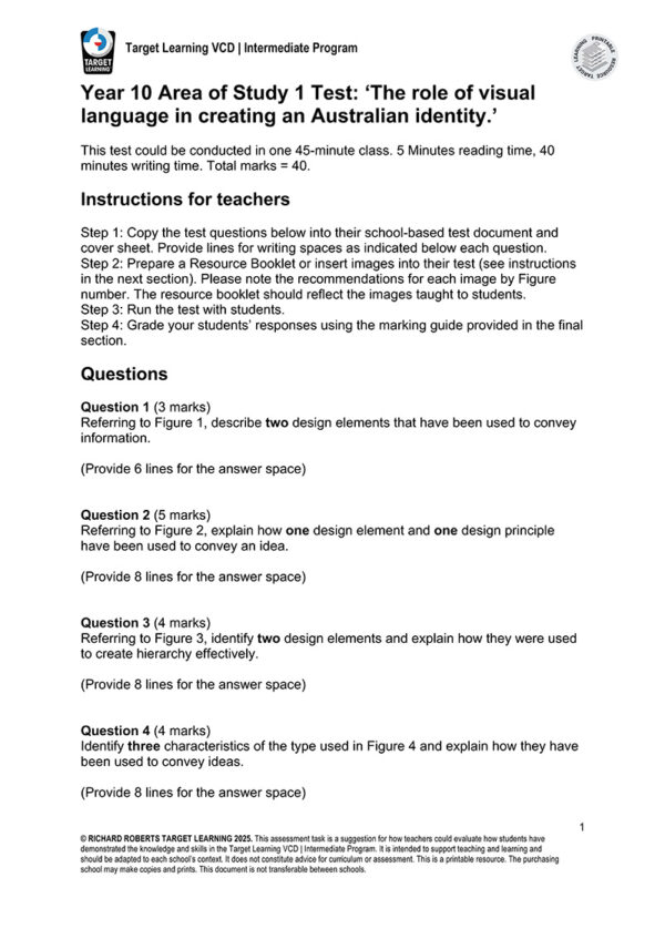 An instructional page from the Target Learning VCD | Intermediate Program Supplementary Materials for the Year 10 visual language test, with teacher instructions, test timing, and five short-answer questions on Figure 1's design elements.