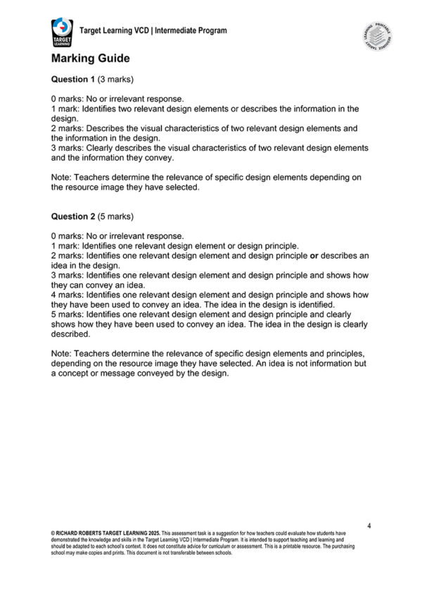 A page from the Target Learning VCD | Intermediate Program Supplementary Materials presents criteria and detailed scoring guidelines for evaluating student responses on design elements in two questions.