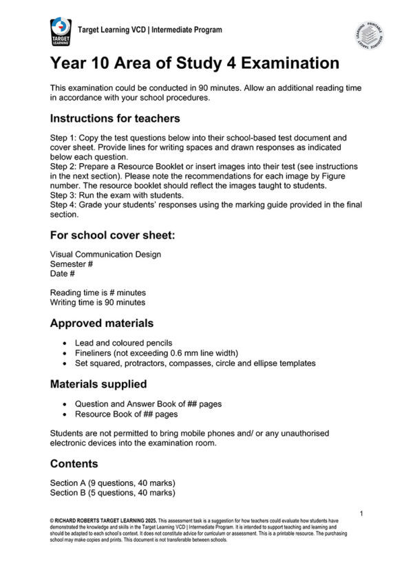 A black and white exam cover sheet titled "Year 10 Area of Study 4 Examination" from Target Learning VCD | Intermediate Program Supplementary Materials lists teacher instructions, exam details, approved materials, and materials supplied to students.