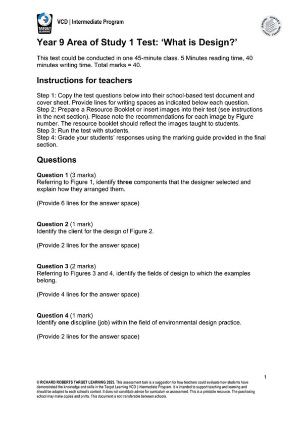 A Year 9 ‘What is Design?’ test page with teacher instructions and five exam questions on design concepts, figures, fields, and factors, aligned with Target Learning VCD | Intermediate Program Supplementary Materials.