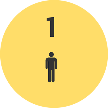 A yellow circle with the number 1 above a simple black icon of a person, representing one individual.