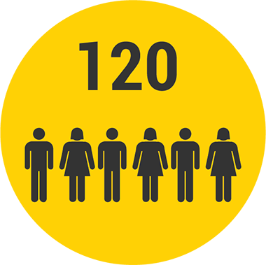 Yellow circle with the number 120 above six simplified human figures, three male and three female, representing a count or statistic related to people.