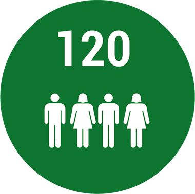 A green circle with the number 120 above four simple human icons, two male and two female, representing a group of people.