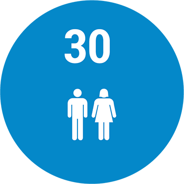 A blue circle with the number 30 above simplified icons of a man and a woman standing side by side, all in white.