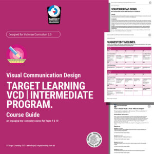 Cover of the Target Learning VCD | Intermediate Program Supplementary Materials, with a pink background, white text, and sample pages displaying road signs, suggested timelines, and curriculum content for Years 9 & 10.