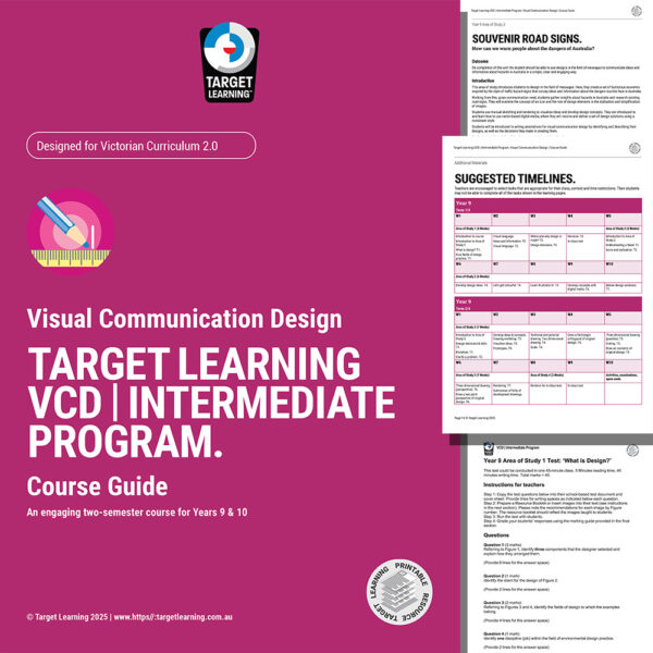 Cover of the Target Learning VCD | Intermediate Program Supplementary Materials, with a pink background, white text, and sample pages displaying road signs, suggested timelines, and curriculum content for Years 9 & 10.
