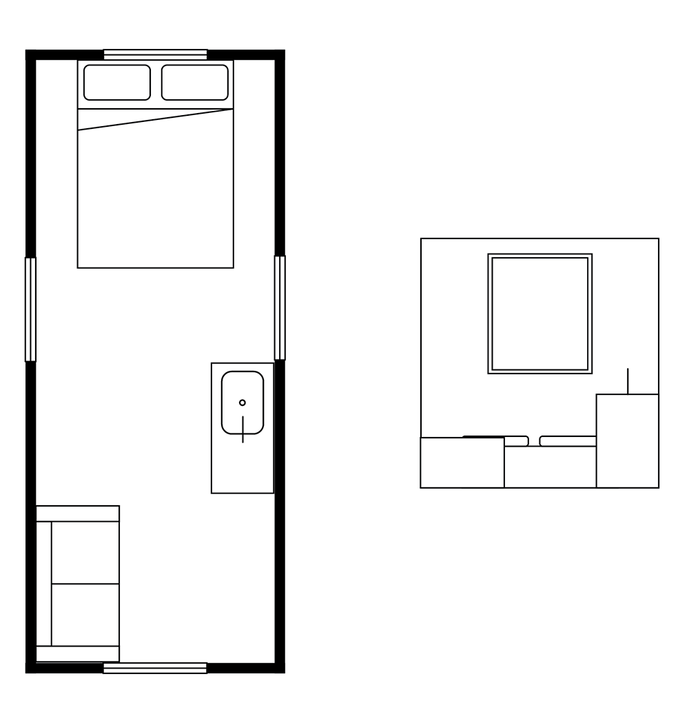 A black and white floor plan showing a rectangular bedroom with a double bed, desk, chair, shelving, and a sink; a side view of the desk area with a window is shown to the right.