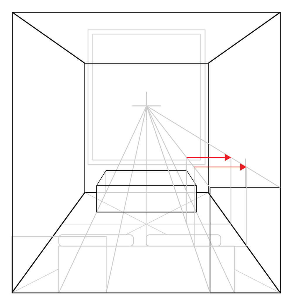 A perspective drawing of a room with a bed in the center, showing vanishing points and perspective lines; two red arrows point rightward from the side of the bed, demonstrating depth.