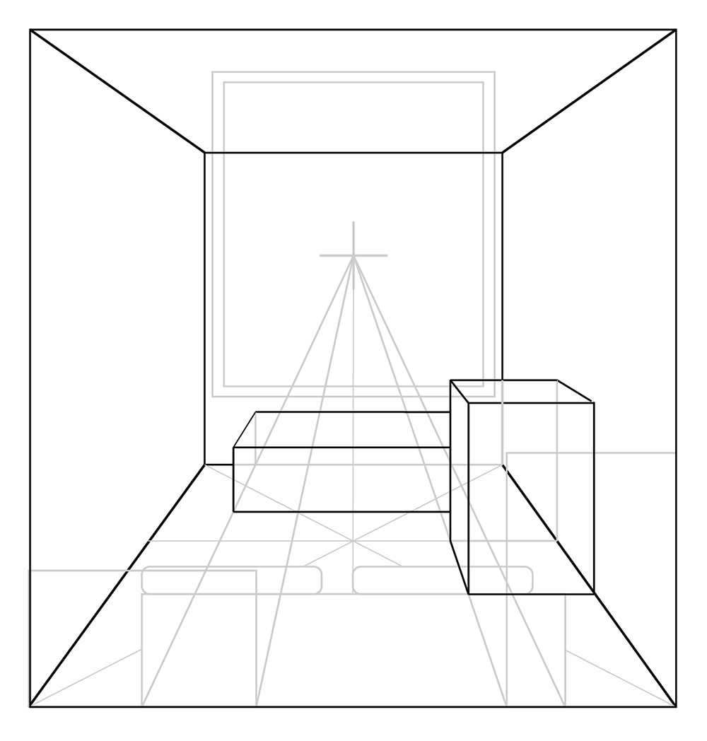 Line drawing of a simple room in one-point perspective, showing geometric outlines of walls, floor, ceiling, a rectangular table, and a box-shaped object, with perspective lines converging at a central vanishing point.