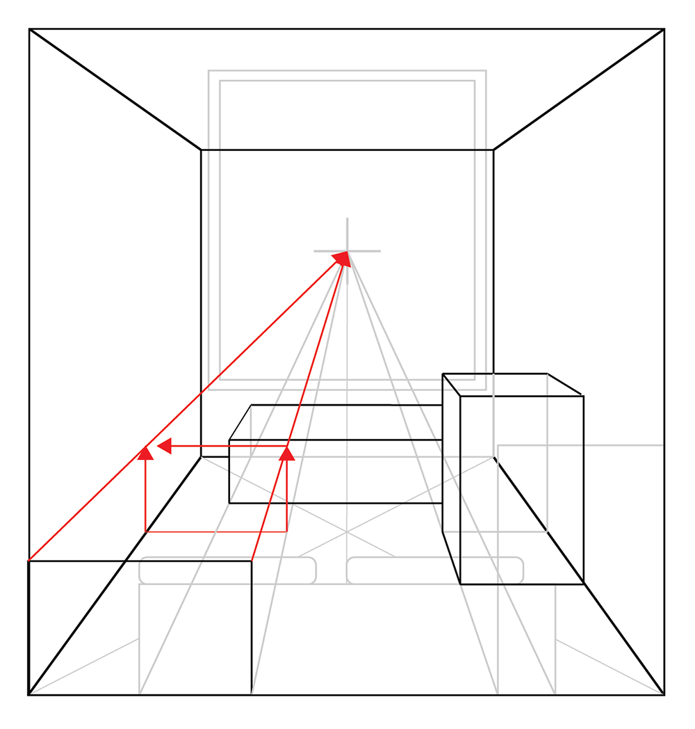 A black and white perspective drawing of a room with furniture, using red lines to show vanishing points and guide the construction of a rectangular object in space.