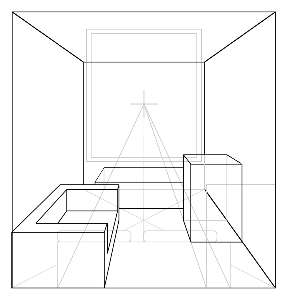 A black-and-white line drawing of a room using one-point perspective, showing geometric furniture shapes, a central vanishing point on the back wall, and guiding perspective lines.